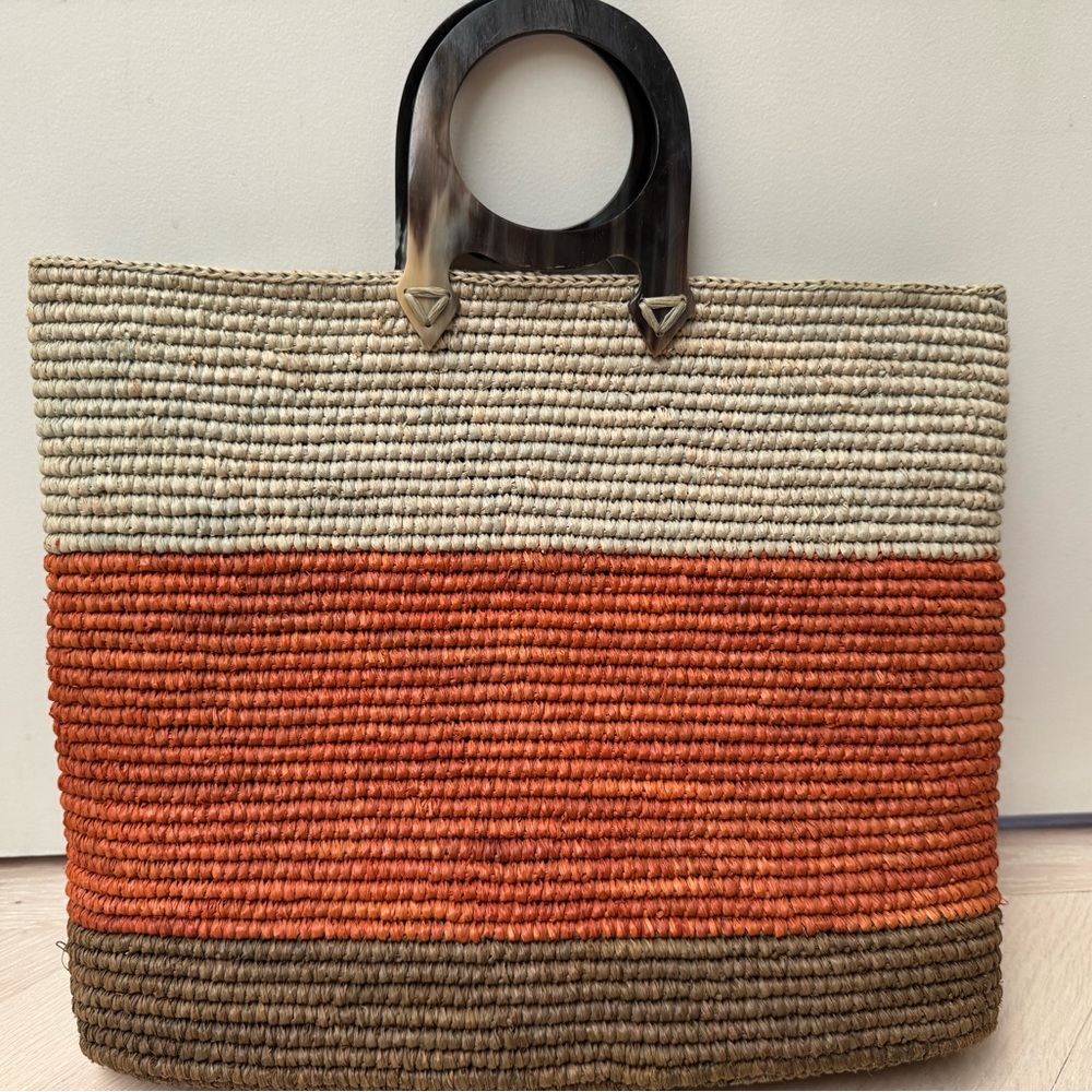 Jamin Puech woven summer handbag with bone(?) handles.